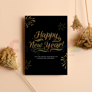 Premium Black & Gold Happy New Year Greeting Card – Elegant Fireworks Design
