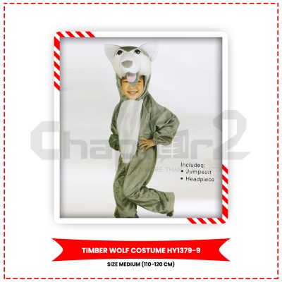 Timber Wolf Costume for kids featuring grey faux fur animal design
