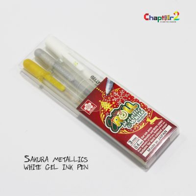 Sakura Gelly Roll Metallic and White Gel Ink Pens packaging and assorted pen display
