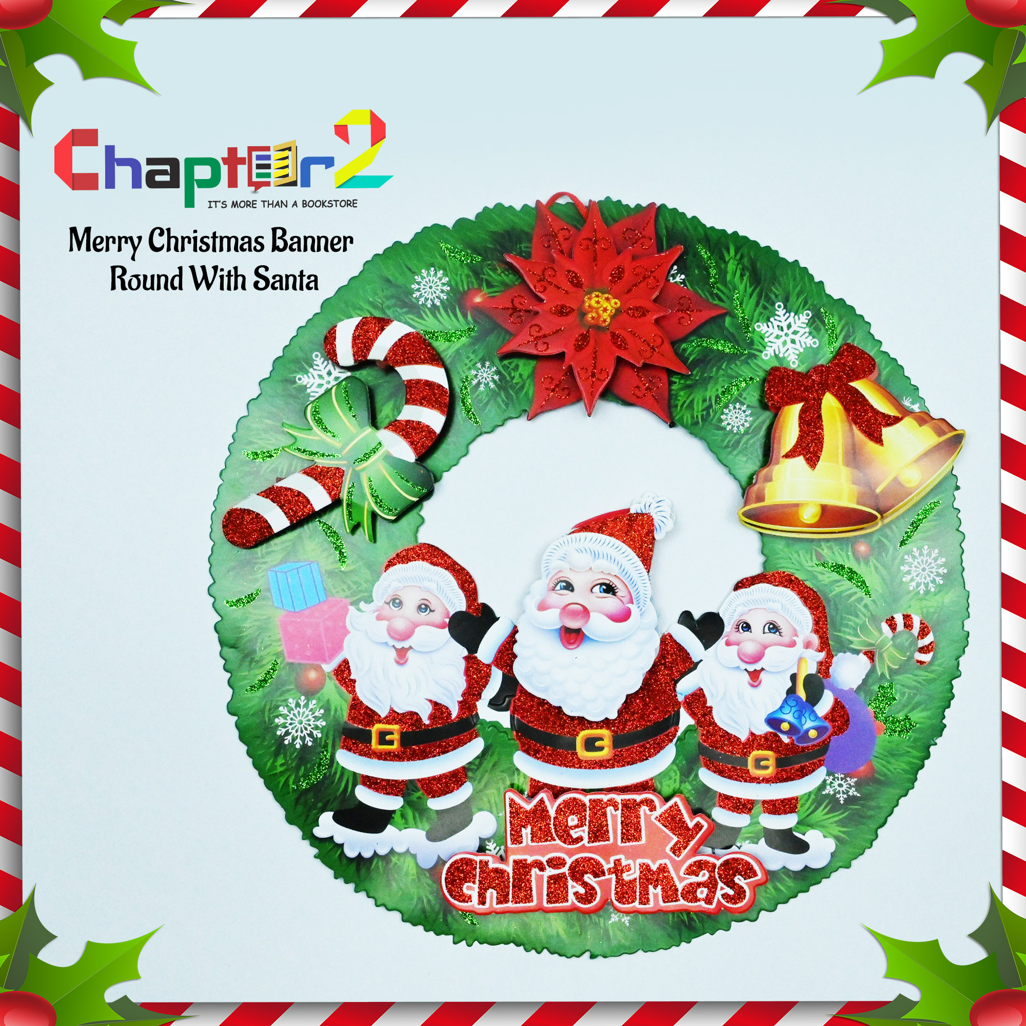 5203699 Merry Christmas banner round with Santa festive hanging wreath front door and wall plaque sign