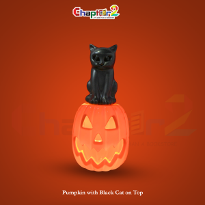 Halloween Pumpkin with Black Cat on Top – 14 Inch Decoration