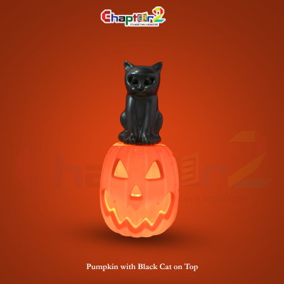 Halloween Pumpkin with Black Cat on Top – 14 Inch Decoration
