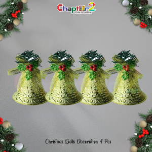 Gold Christmas Bells Decoration – 4 Pcs | Festive Hanging Ornaments with Bow & Holly