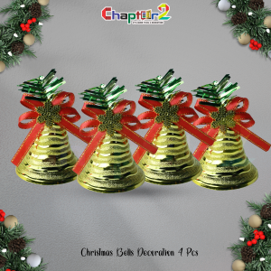 Gold Christmas Bells Decoration with Red Ribbon – 4 Pcs | Festive Hanging Ornaments