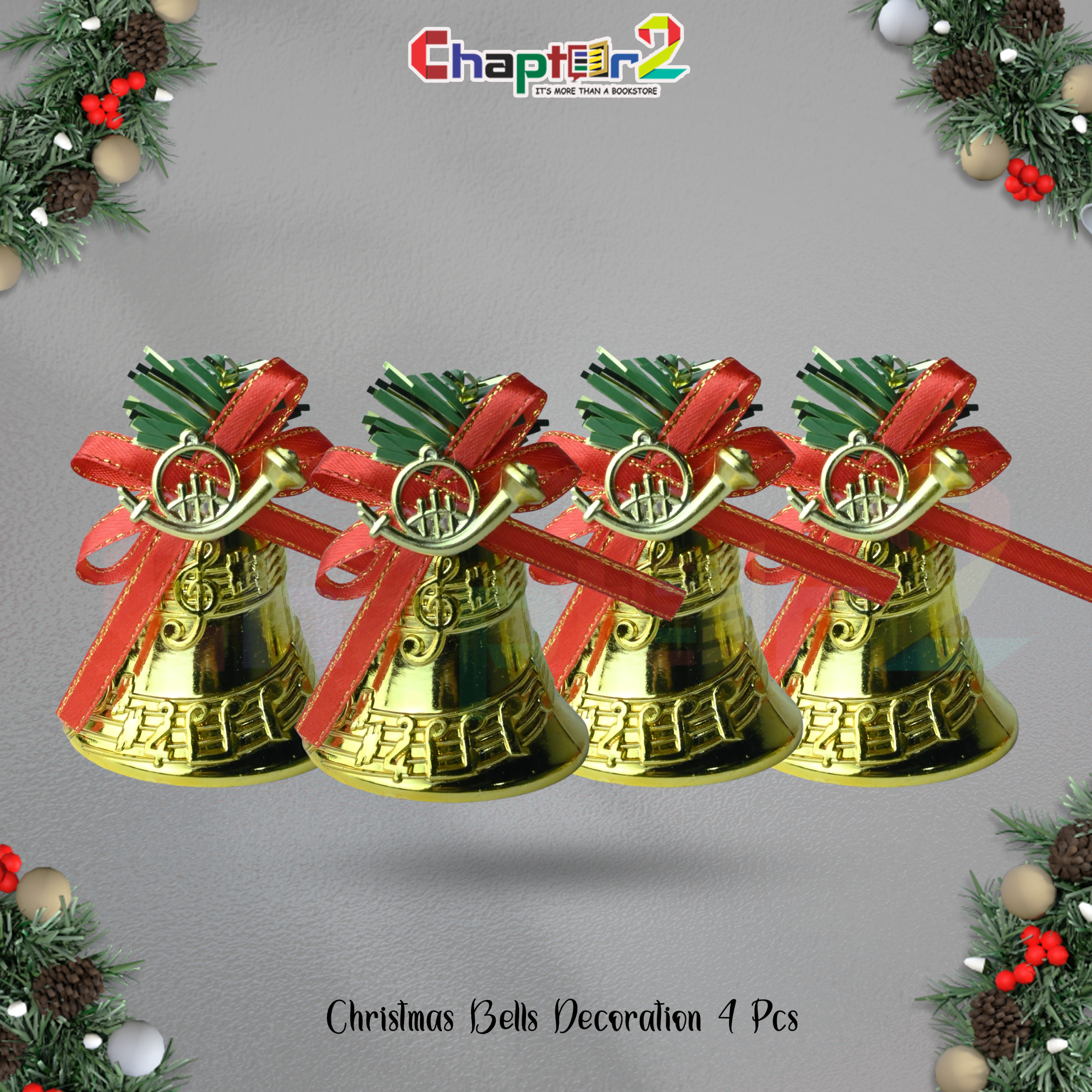 5400445c Gold Christmas bells with red ribbon musical motif 4 pcs festive hanging ornaments for Christmas tree and wreath