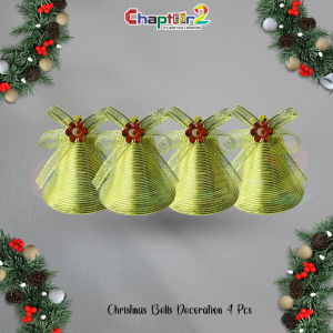 Gold Ribbon-Wrapped Christmas Bells – 4 Pcs | Decorative Holiday Hanging Ornaments