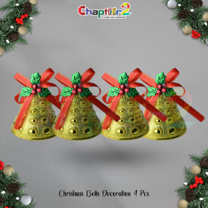 Gold Textured Christmas Bells with Red Ribbon & Holly – 4 Pcs | Festive Hanging Ornaments