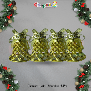 Gold Cut-Out Christmas Bells with Merry Christmas Tag – 4 Pcs | Decorative Hanging Ornaments