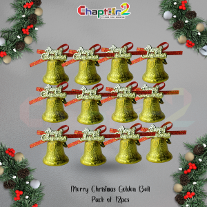 Merry Christmas Golden Bells – Pack of 12 | Decorative Christmas Hanging Ornaments with Red Ribbon
