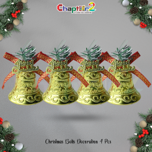 Gold Engraved Christmas Bells with Red Ribbon & Pine Accent – 4 Pcs | Decorative Hanging Ornaments