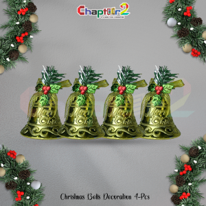 Gold Christmas Bells with Holly & Pine – 4 Pcs | Festive Hanging Ornaments
