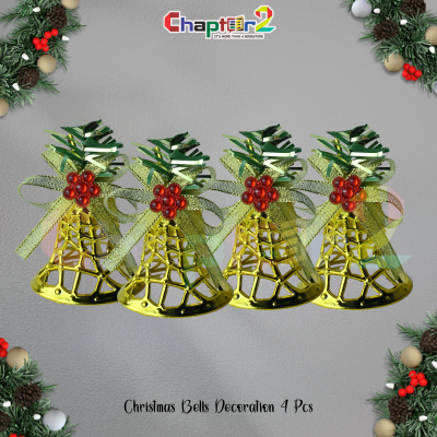 Gold lattice Christmas bells with red berry ribbon 4 pcs festive hanging ornaments for tree and wreath