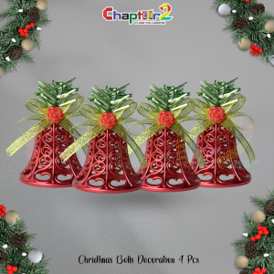 Red Hollow Christmas Bells with Gold Ribbon & Floral Accent – 4 Pcs | Decorative Christmas Hanging Ornaments
