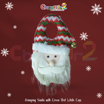 Hanging Santa ornament with green red and white knitted cap for Christmas tree and home decoration