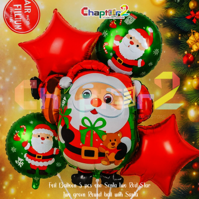 5-Piece Christmas Foil Balloon Set – Santa Balloon, Red Star Balloons & Green Santa Round Balloons