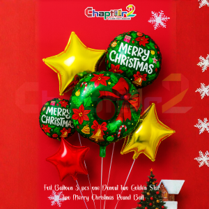 Christmas Foil Balloon Set – 5 Pcs (Donut Balloon, 2 Gold Stars, 2 Merry Christmas Round Balloons)