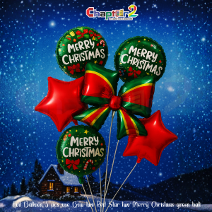 Christmas Foil Balloon Set – 5 Pcs Bow, Red Star & Merry Christmas Green Balloons