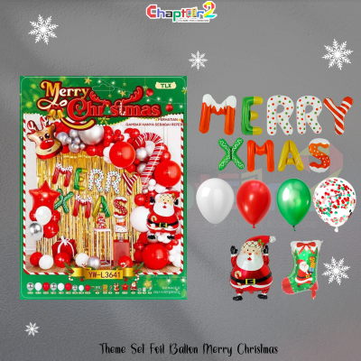 Merry Christmas Theme Foil Balloon Decoration Set – Party Backdrop, Letters, Latex Balloons & Santa Foils