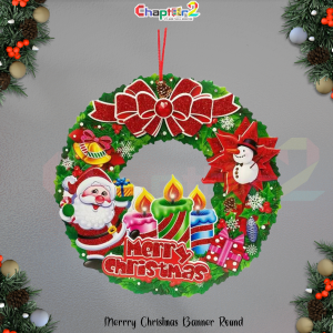 Merry Christmas Round Hanging Banner – Festive Wreath with Santa, Snowman & Candles | Holiday Wall Decoration