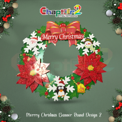 Merry Christmas round hanging wreath banner design 2 for festive front door and wall decoration
