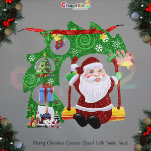 Merry Christmas Hanging Banner – Santa on Swing with Glitter Tree Design | Festive Wall & Door Decoration