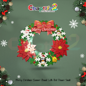 Merry Christmas Round Hanging Wreath Banner – Red Poinsettia & Snowflake Design | Festive Door & Wall Decoration