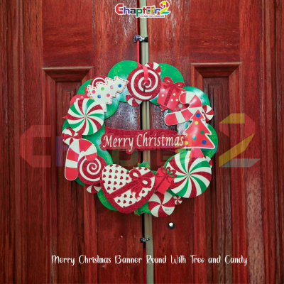 Merry Christmas round hanging banner with candy cane and Christmas tree festive design