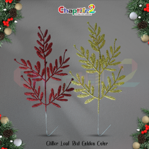 Glitter Branch Leaf Spray – Red & Golden Christmas Decoration