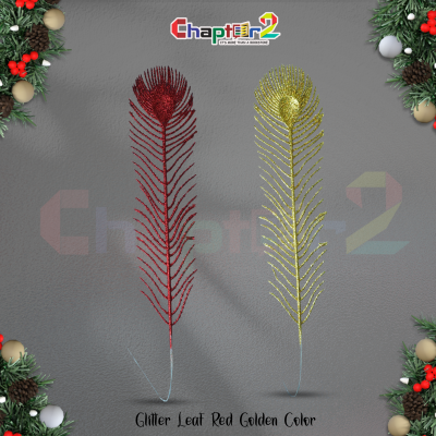 Glitter Peacock Feather Leaf Spray – Red & Golden Christmas Decoration