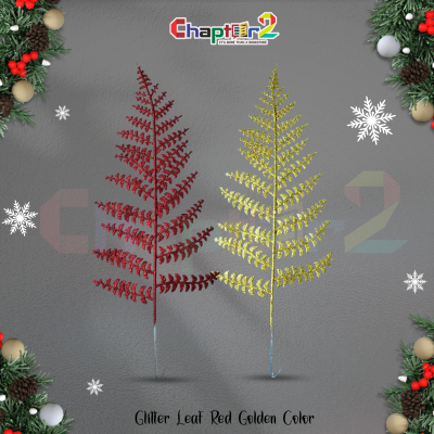 Glitter Fern Leaf Spray – Red & Golden Christmas Decoration