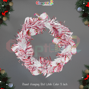 Christmas Round Hanging Wreath – Red & White Tinsel Ring (8 Inch) | Festive Door & Wall Decoration