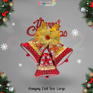 Large Christmas Hanging Bells – Red Glitter Bells with Golden Mesh Bow & Merry Christmas Topper