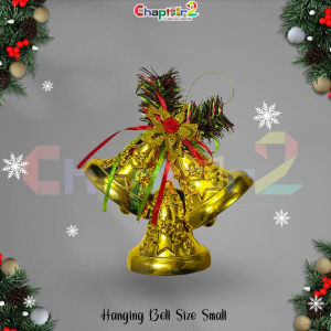 Christmas Hanging Bells – Small Golden Design with Glitter Flower & Ribbon Décor