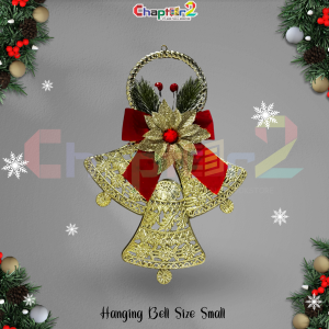 Christmas Hanging Bells – Small Golden Design with Red Bow & Glitter Flower
