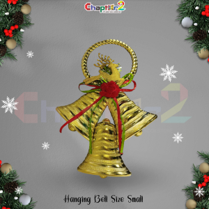 Christmas Hanging Bells – Small Golden Bells with Reindeer & Red Rose Décor