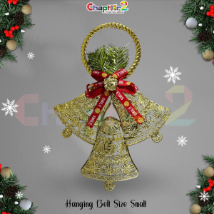 Christmas Hanging Bells – Small Golden Mesh Bells with Red Smile Ribbon