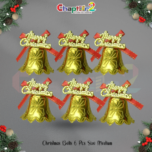 Christmas Decorative Bells – Golden “Merry Christmas” With Red Ribbon (6 Pcs | Medium Size)
