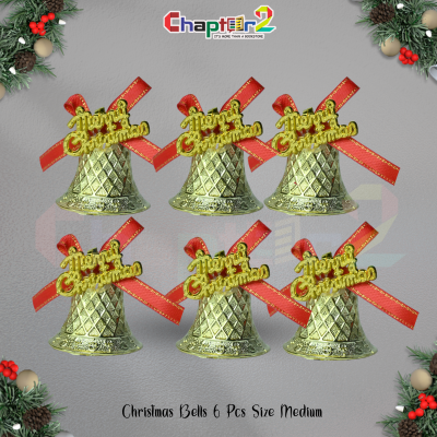 Christmas Decorative Golden Bells with Red Ribbon & “Merry Christmas” Tag – 6 Pcs (Medium Size)