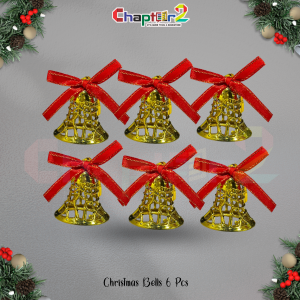Christmas Decorative Golden Mesh Bells with Red Ribbon – 6 Pcs Set | Holiday & Tree Decoration
