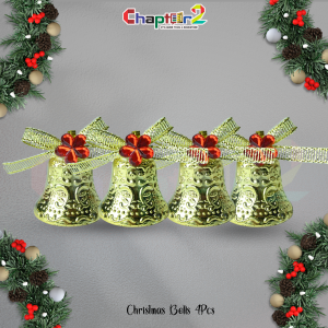 Gold Embossed Christmas Bells with Red Flower & Ribbon – 4 Pcs