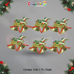 Christmas Decorative Double Bells – Golden with Red & Green Ribbon (6 Pcs Set)