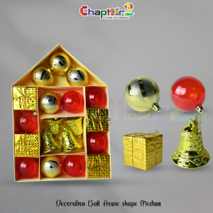 Red & Gold Christmas Decoration Set with Balls, Bells & Gift Boxes – House Shape Box (Large) | Premium Holiday Ornaments