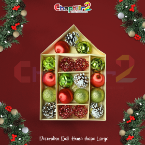 Red, Green & Pinecone Christmas Decoration Set – House Shape Box (Large) | Premium Festive Ornament Collection