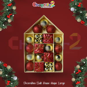 Red & Gold Christmas Decoration Balls & Gift Boxes Set – House Shape Box (Large) | Premium Festive Ornaments