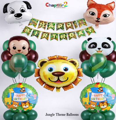 Jungle Theme Birthday Decoration Set – Animal Balloons, Happy Birthday Banner & Party Décor