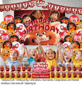 Turning Red Theme Birthday Decoration Set – Kids Party Balloons & Happy Birthday Banner