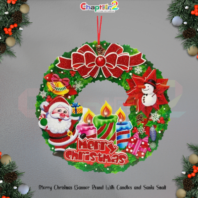 Merry Christmas Round Hanging Banner – Festive Wreath with Santa, Candles & Red Bow Décor