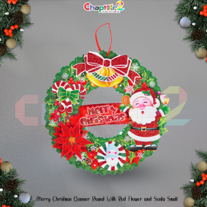 Merry Christmas Round Hanging Banner – Festive Wreath with Santa, Red Bow & Decorative Accents