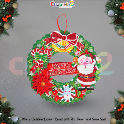 Merry Christmas Round Hanging Banner – Festive Wreath with Santa, Red Bow & Decorative Accents