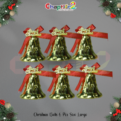 Large Christmas Hanging Bells – 6 Pcs Golden Decorative Bell Set with Red Ribbon